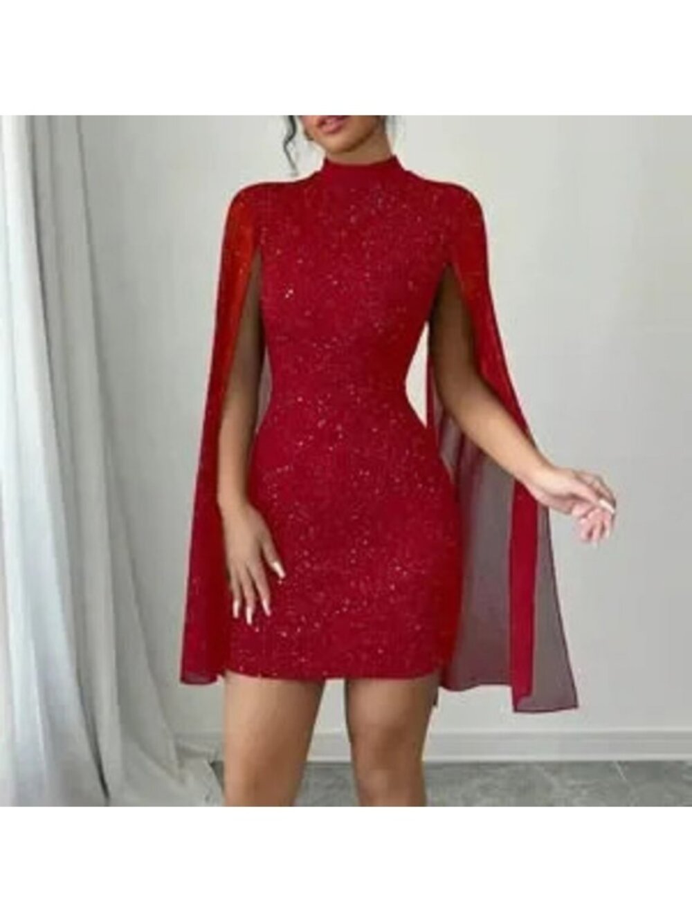 Red Party Women's Fitted Short Casual Mock Neck Flared Sleeve Bodycon Dress - Picture 4 of 5